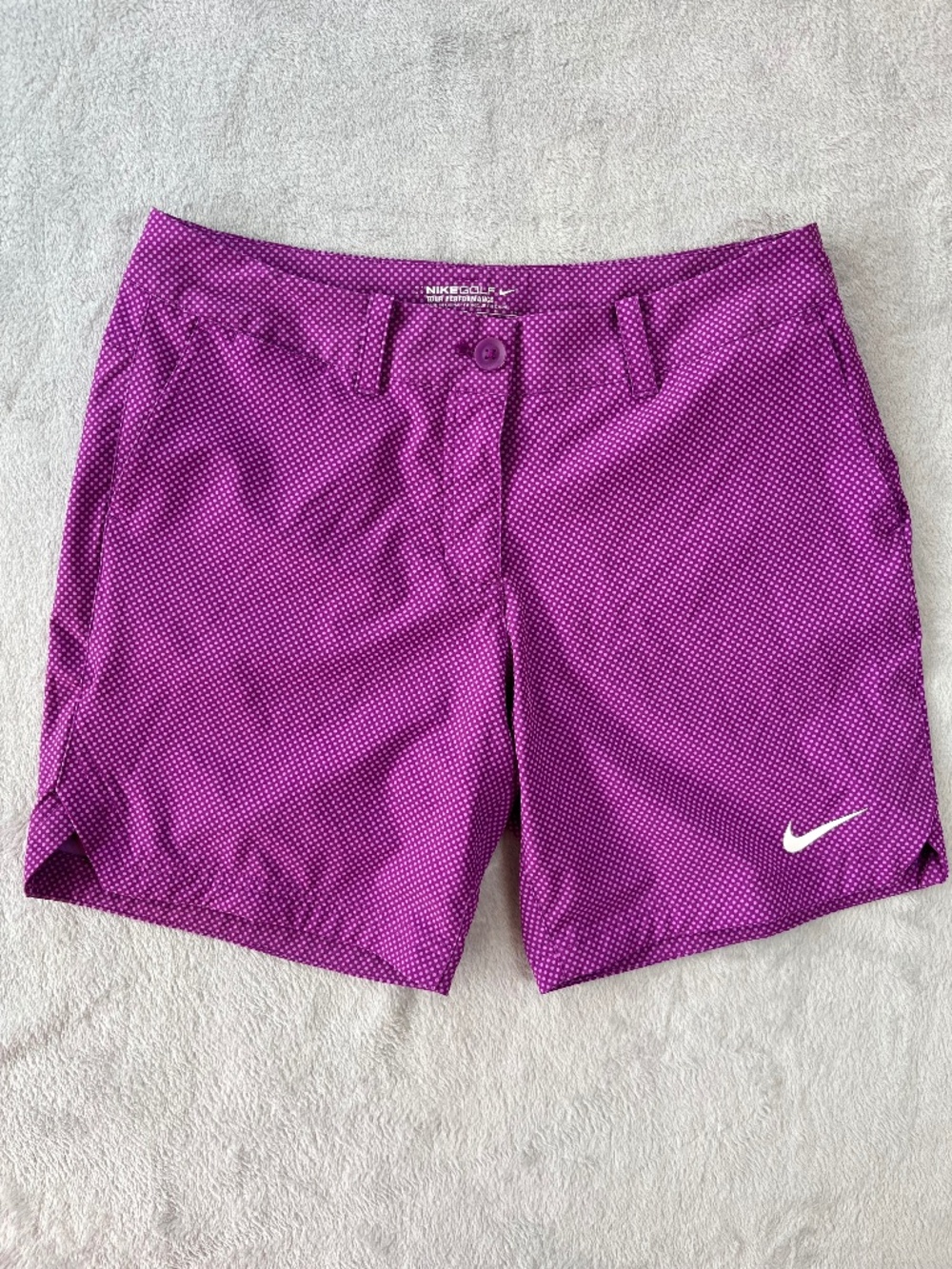 NIKE sz 8 Golf Tour Performance DRI-FIT Purple Tiny Polka Dot Shorts Sporty